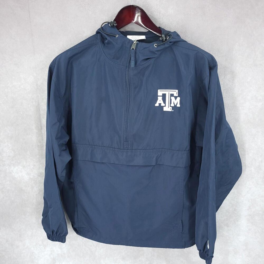 Texas A & M Aggies Windbreaker Mens Small Champion  Blue 1/4 Zip Hooded Pullover
